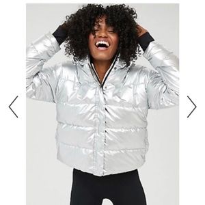 Aerie Offline silver puffer with Sherpa lining and detachable hood